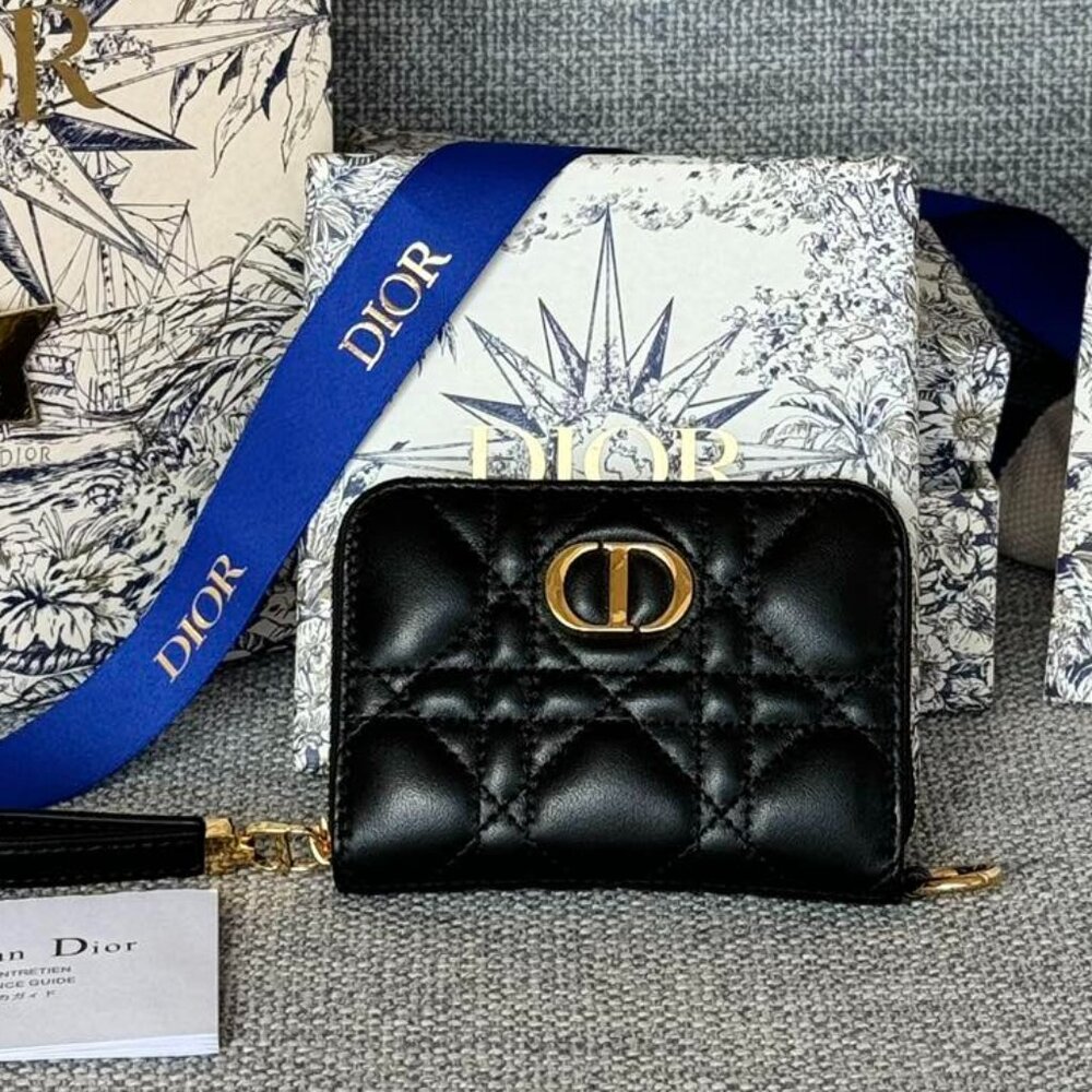 NWT Dior Caro Dahlia Women's Zipped Wallet Black Leather Coin Purse
